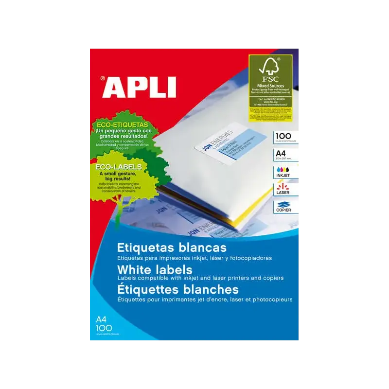 Apli Pack de 200 Etiquetas Rectangulares 210x148mm - Adhesivo Permanente - Cantos Rectos - Color Blanco | Ahorro Imprimiendo