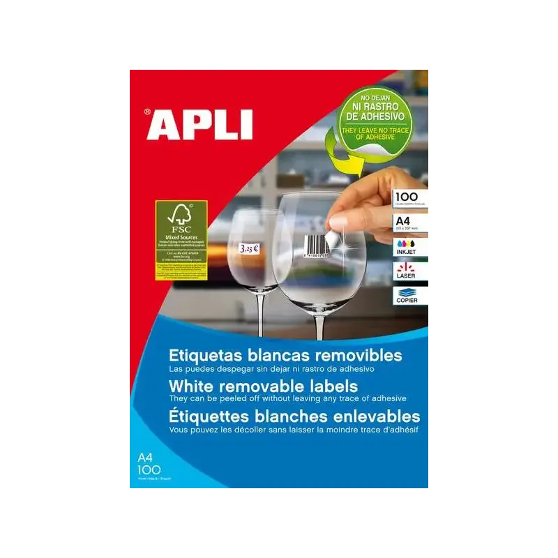 Apli Pack de 1.200 Etiquetas Rectangulares 97x42,4mm - 100 Hojas por 12 Etiquetas - Cantos Rectos - Adhesivo Removible - Permite