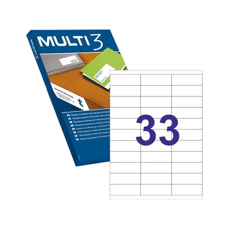 Multi3 Pack de 16.500 Etiquetas Rectangulares 70x25.4mm - 500 Hojas por 33 Etiquetas - Adhesivo Permanente - Cantos Rectos - Col