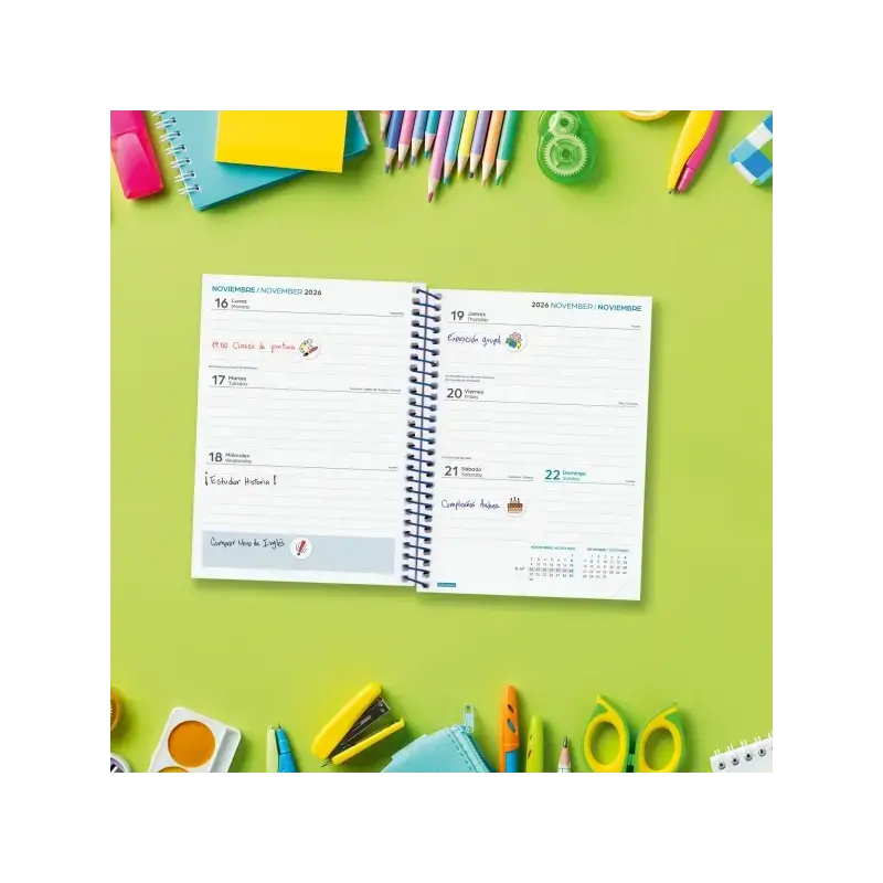 Finocam Cool Agenda Escolar 26/27 - Semana Vista Horizontal - Formato 8º - 120x164mm - Tapas de Carton Forrado - Papel de 80g/m2