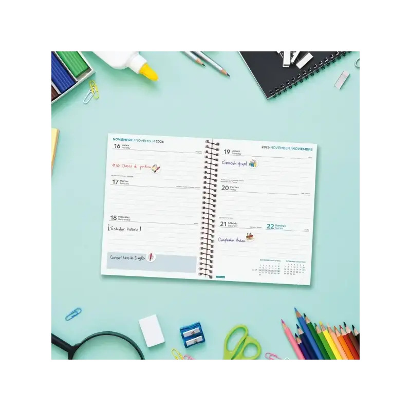 Finocam Cool Agenda Escolar 26/27 - Semana Vista Horizontal - Formato 8º - 120x164mm - Tapas de Carton Forrado - Papel de 80g/m2