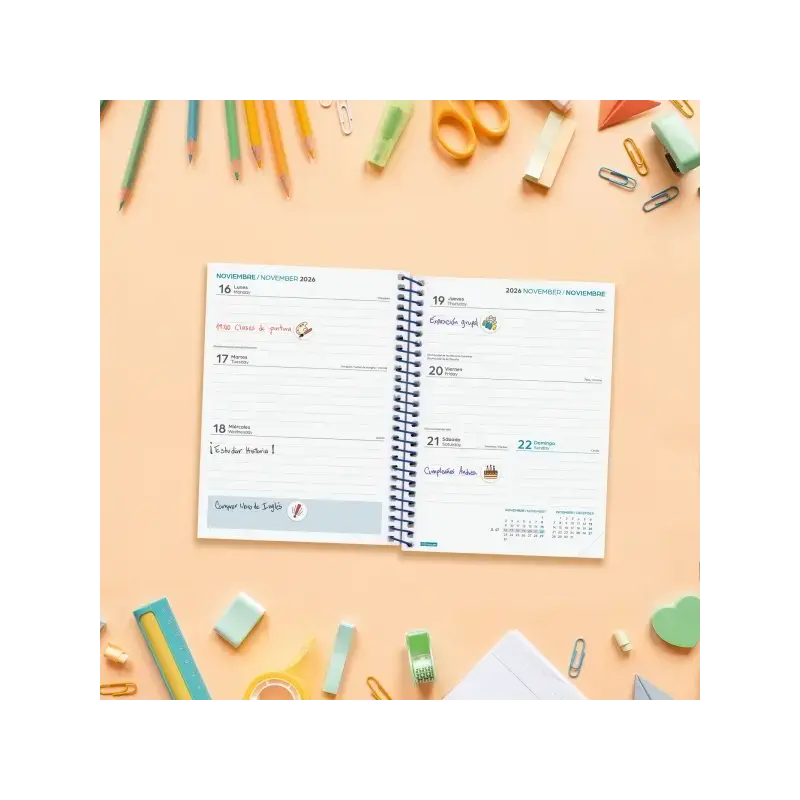 Finocam Cool Agenda Escolar 26/27 - Semana Vista Horizontal - Formato 8º - 120x164mm - Tapas de Carton Forrado - Papel de 80g/m2