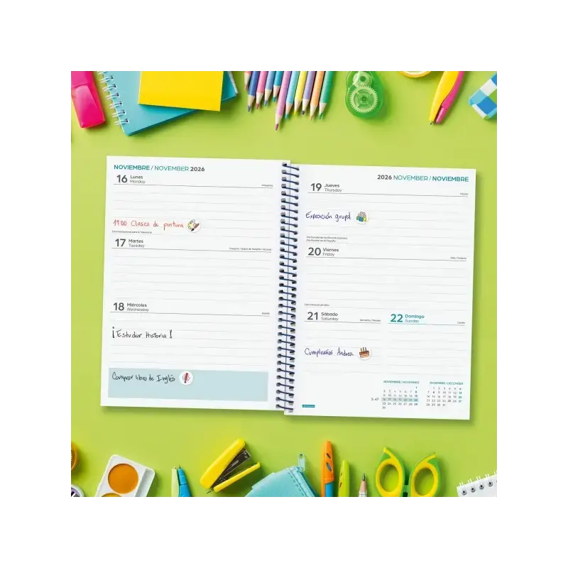 Finocam Cool Agenda Escolar 26/27 - Semana Vista Horizontal - Formato 4º - 155x212mm - Tapas de Carton Forrado - Papel de 80g/m2