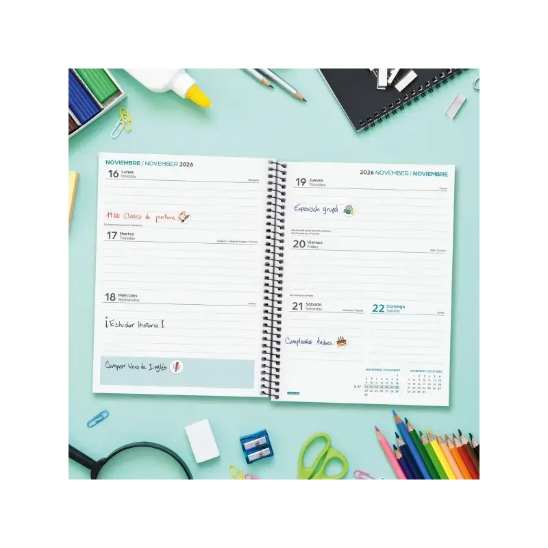 Finocam Cool Agenda Escolar 26/27 - Semana Vista Horizontal - Formato 4º - 155x212mm - Tapas de Carton Forrado - Papel de 80g/m2