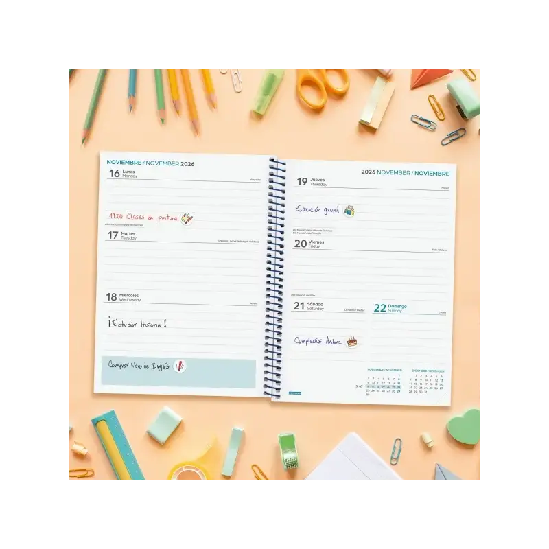 Finocam Cool Agenda Escolar 26/27 - Semana Vista Horizontal - Formato 4º - 155x212mm - Tapas de Carton Forrado - Papel de 80g/m2