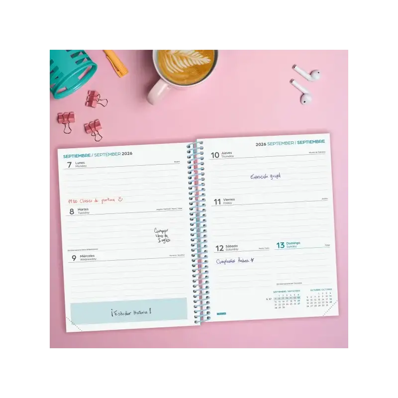 Finocam Diva Agenda Escolar 26/27 - Semana Vista Horizontal - Formato 4º - 155x212mm - Tapas de Carton Forrado - Papel de 80g/m2