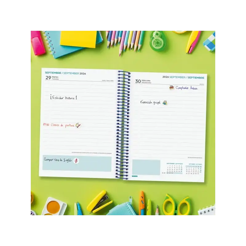 Finocam Cool Agenda Escolar 26/27 - 1 Dia por Pagina - Formato 4º - 155x212mm - Tapas de Carton Forrado - Papel de 80g/m2 - Espi