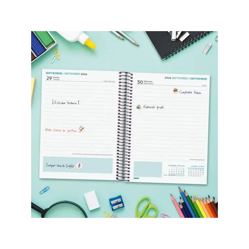 Finocam Cool Agenda Escolar 26/27 - 1 Dia por Pagina - Formato 4º - 155x212mm - Tapas de Carton Forrado - Papel de 80g/m2 - Espi