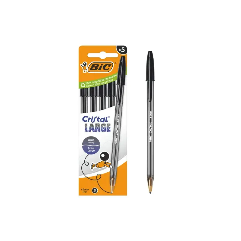 Bic Cristal Large Pack de 5 Boligrafos de Bola - Punta Redonda de 1.6mm - Trazo 0.6mm - Tinta con Base de Aceite - Color Negro |