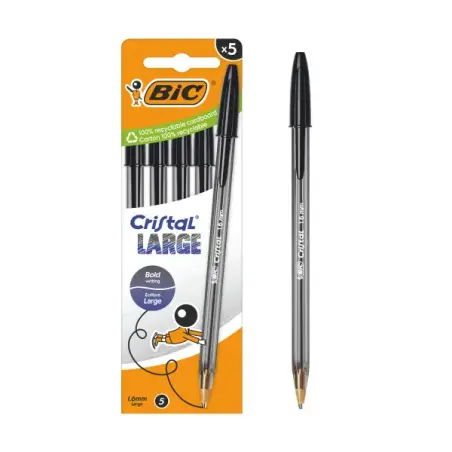 Bic Cristal Large Pack de 5 Boligrafos de Bola - Punta Redonda de 1.6mm - Trazo 0.6mm - Tinta con Base de Aceite - Color Negro |
