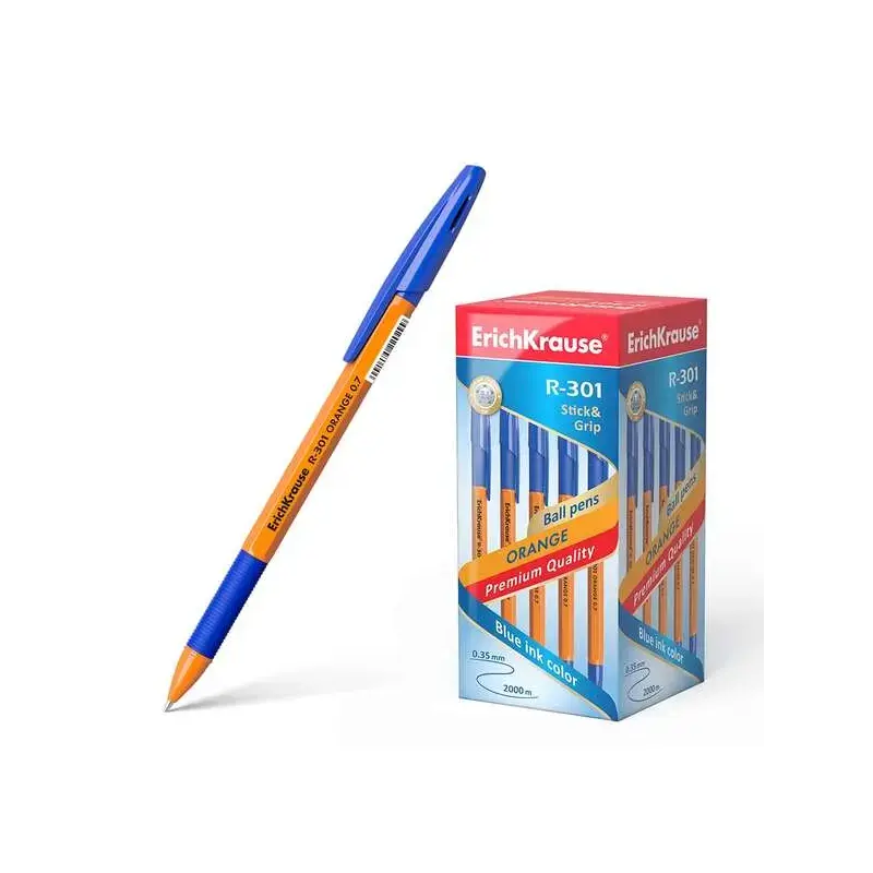 Erichkrause Boligrafo R-301 Stick&Grip - Cuerpo Hexagonal Naranja - Punta de 0.7mm - Tinta de Secado Rapido - Color Azul | Ahorr