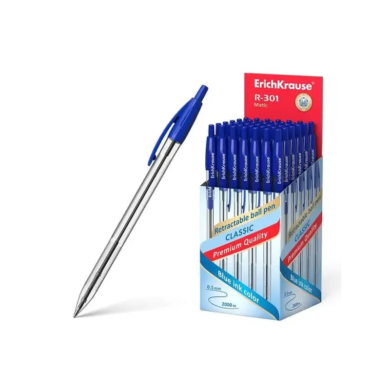 ErichKrause R-301 Matic Boligrafo Retractil Punta de Bola 1.0mm - Tinta de Secado Rapido - Cuerpo Transparente - Color Azul | Ah