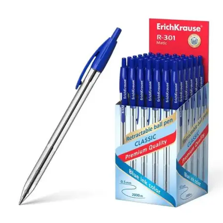 ErichKrause R-301 Matic Boligrafo Retractil Punta de Bola 1.0mm - Tinta de Secado Rapido - Cuerpo Transparente - Color Azul | Ah