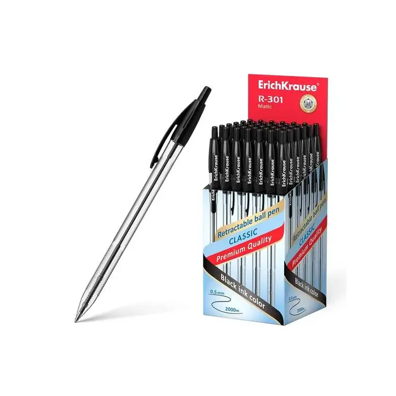 ErichKrause R-301 Matic Boligrafo Retractil Punta de Bola 1.0mm - Tinta de Secado Rapido - Cuerpo Transparente - Color Negro | A