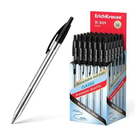 ErichKrause R-301 Matic Boligrafo Retractil Punta de Bola 1.0mm - Tinta de Secado Rapido - Cuerpo Transparente - Color Negro | A