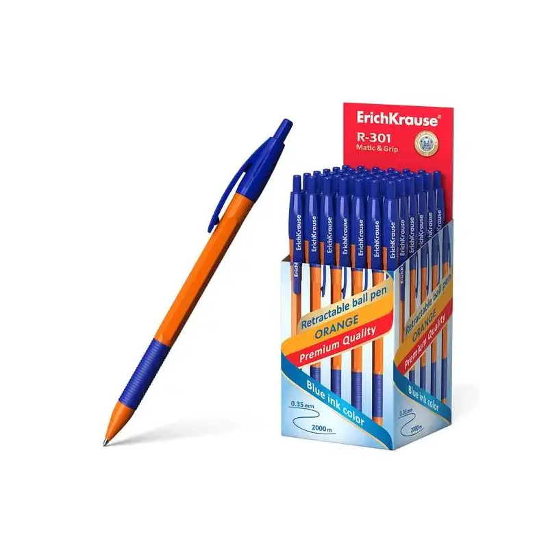Erichkrause R-301 Naranja Matic&Grip Boligrafo Retractil - Punta de 07mm - Trazo de 0.35mm - Grip de Goma - Tinta de Secado Rapi