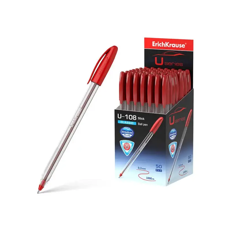 Erichkrause U-108 Boligrafo Clasico - Punta de Bola 1.0mm - Trazo de 0.3mm - Tapa Ventilada - Ultra Glide Technology - Color Roj
