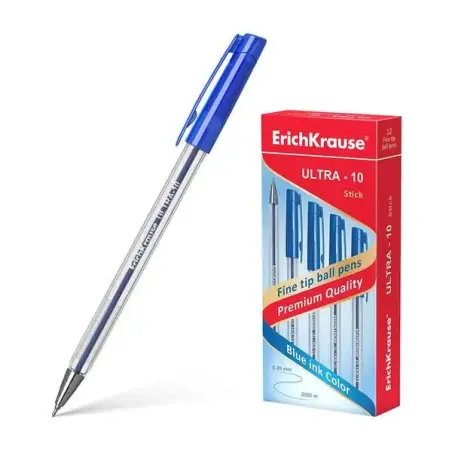 Erichkrause Boligrafo Ultra-10 - Punta Metalica de Tipo Aguja - Cuerpo Hexagonal Transparente - Tinta de Baja Viscosidad - Color