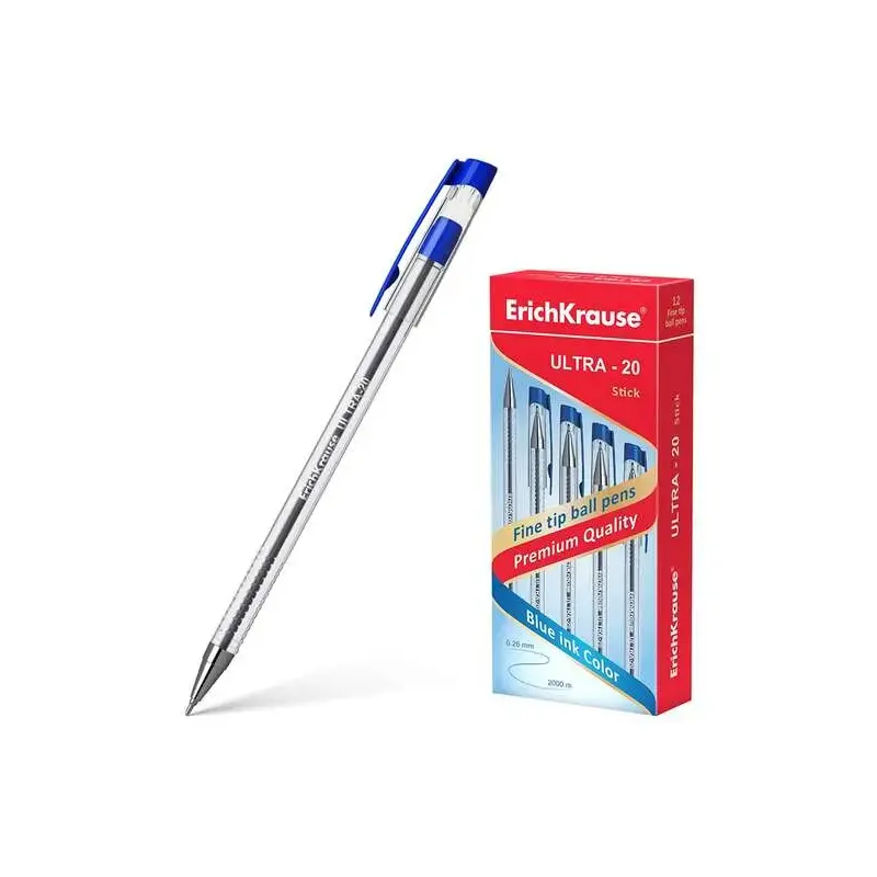 Erichkrause Boligrafo Ultra-20 - Punta Metalica de Tipo Aguja - Cuerpo Redondo Transparente con Grip - Tinta de Baja Viscosidad
