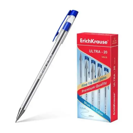 Erichkrause Boligrafo Ultra-20 - Punta Metalica de Tipo Aguja - Cuerpo Redondo Transparente con Grip - Tinta de Baja Viscosidad