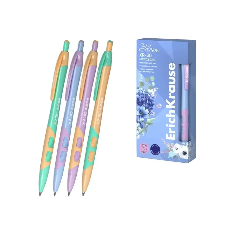 Erichkrause Bloom XR-30 Matic&Grip Pastel Boligrafo Retractil - Punta de Bola 0.7mm - Trazo de 0.35mm - Tinta Azul - Grip de Aga