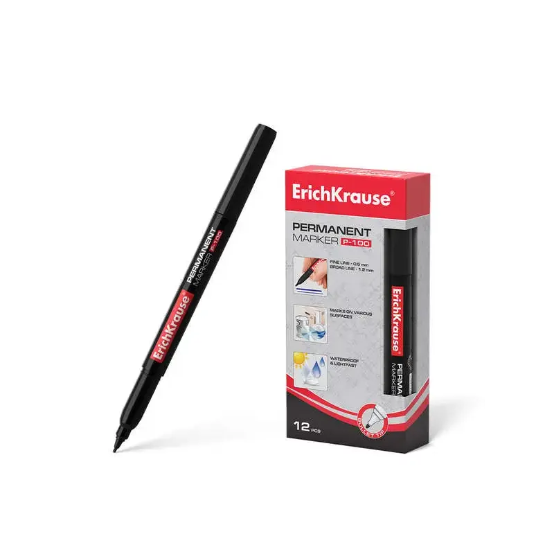 Erichkrause P-100 Marcador Permanente - Punta Fina - Trazo de 0.5 a 1.2mm - Resistente al Agua y a los Rayos UV - Color Negro |