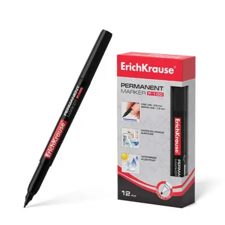 Erichkrause P-100 Marcador Permanente - Punta Fina - Trazo de 0.5 a 1.2mm - Resistente al Agua y a los Rayos UV - Color Negro |