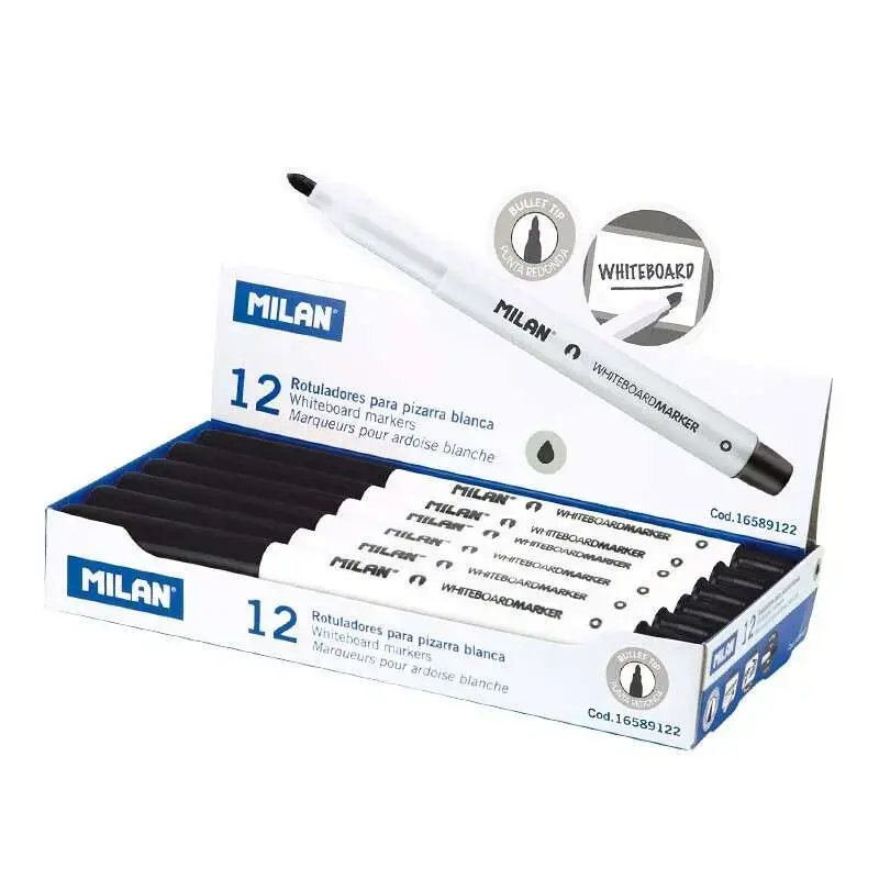Milan Rotuladores para Pizarra Blanca con Punta Redonda - Punta 3.7 mm - Tinta a Base de Alcohol - Borrable en Seco - Color Negr