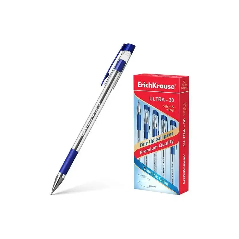 Erichkrause Boligrafo Ultra-30 - Recargable con Punta Fina Fine Tip - Cuerpo Transparente con Agarre de Goma - Tinta de Secado R