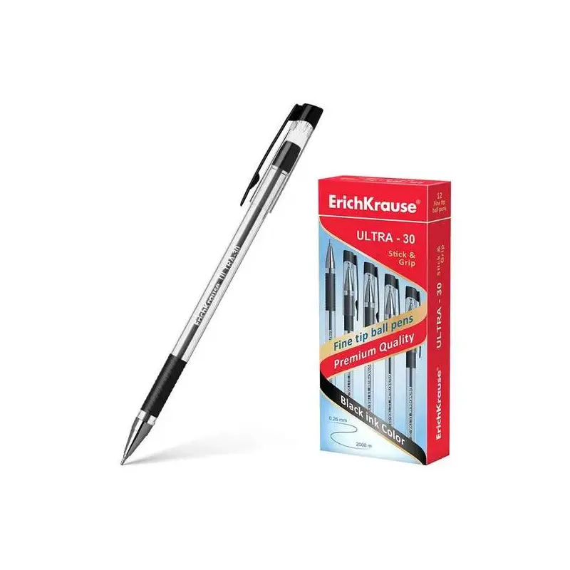 Erichkrause Boligrafo Ultra-30 - Recargable con Punta Fina Fine Tip - Cuerpo Transparente con Agarre de Goma - Tinta Color Negro