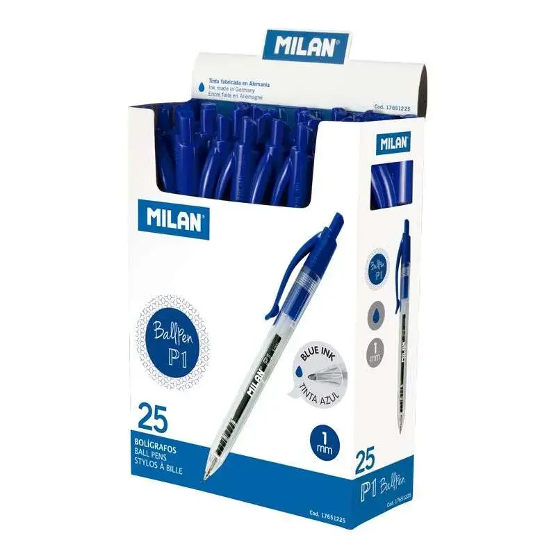 Milan P1 Boligrafo de Bola Retractil - Punta Redonda 1mm - Cuerpo Transparente - Color Azul | Ahorro Imprimiendo