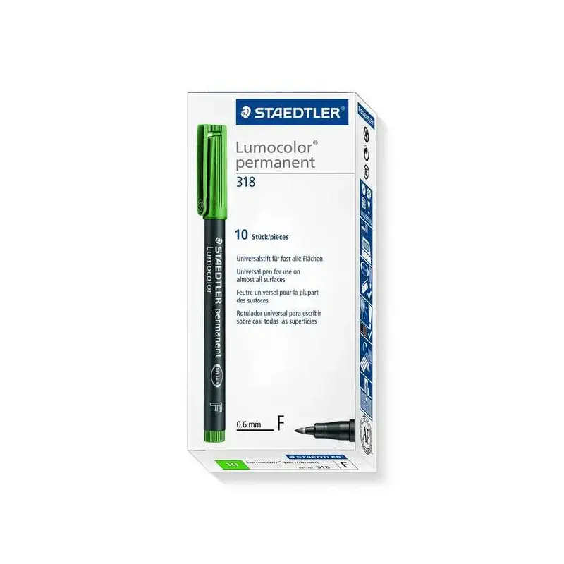 Staedtler Lumocolor 318 Rotulador Permanente - Punta Fina Redonda - Trazo 0.6mm - Capuchon con Clip - Secado Rapido - Color Verd