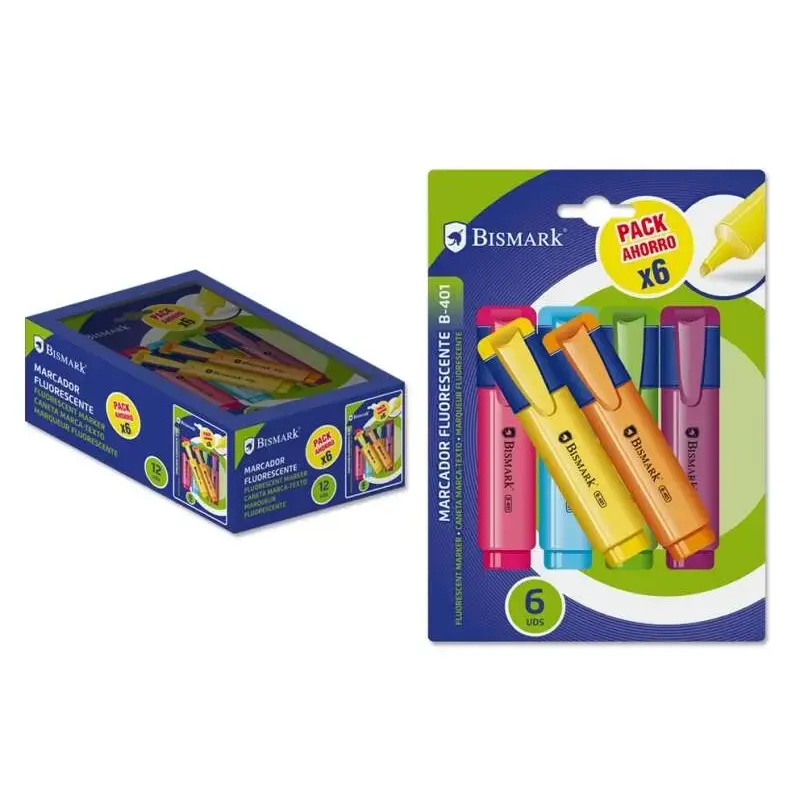 Bismark Pack de 6 Marcadores Fluorescentes Neon - Tinta de Secado Rapido - Ideal para Subrayar y Resaltar - Diseño Ergonomico -