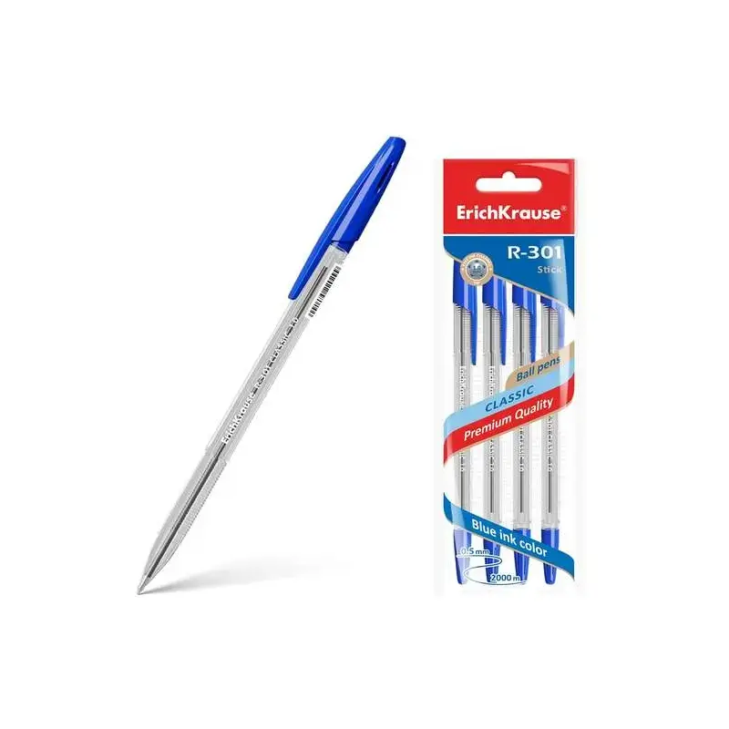 Erichkrause Pack de 4 Boligrafos R-301 Classic Stick 1.0 - Cuerpo Transparente Hexagonal - Punta de 1.0mm - Tinta de Secado Rapi