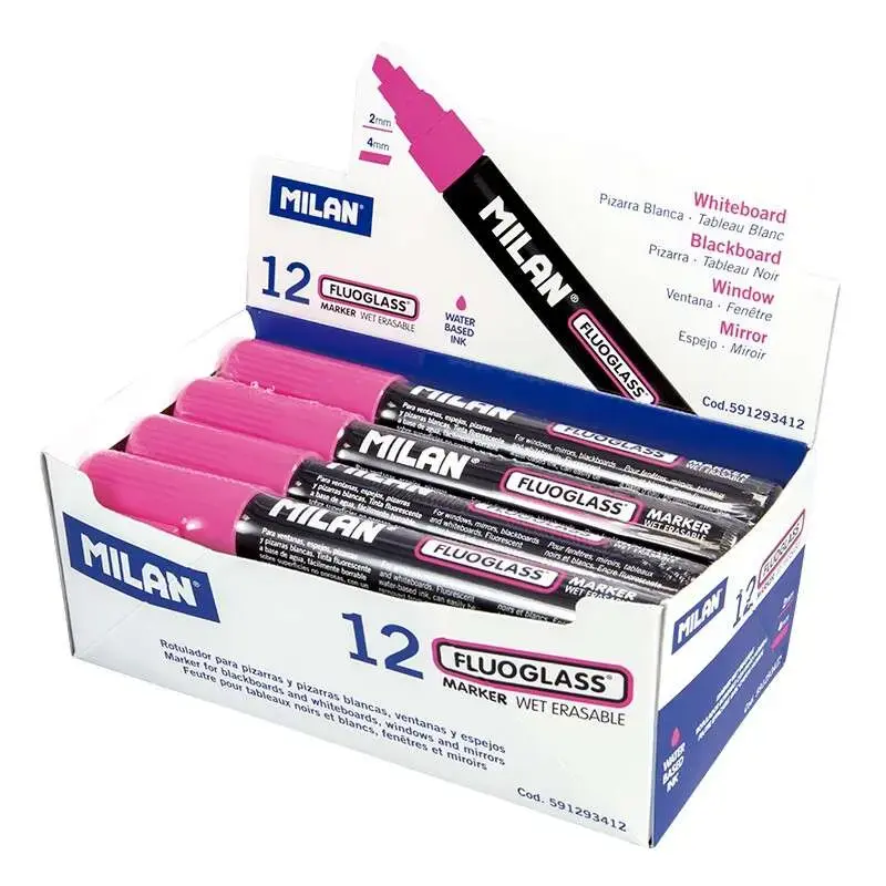 Milan Fluoglass Rotulador Superficies Lisas - Punta Biselada - Trazo de 2 - 4mm - Tinta al Agua - Borrado Facil - Color Rosa | A