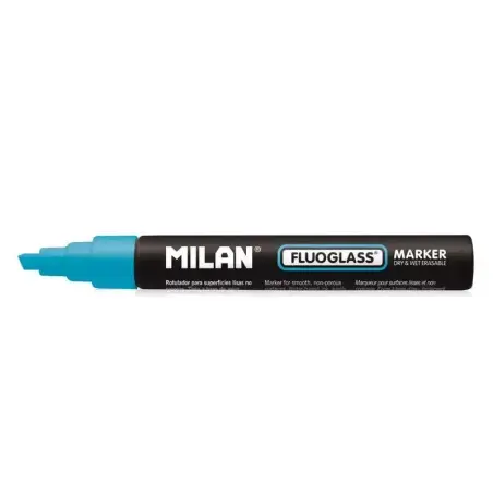 Milan Fluoglass Rotulador Superficies Lisas - Punta Biselada - Trazo de 2 - 4mm - Tinta al Agua - Borrado Facil - Color Azul | A