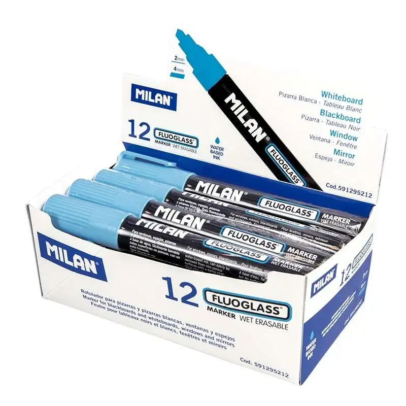 Milan Fluoglass Rotulador Superficies Lisas - Punta Biselada - Trazo de 2 - 4mm - Tinta al Agua - Borrado Facil - Color Azul | A