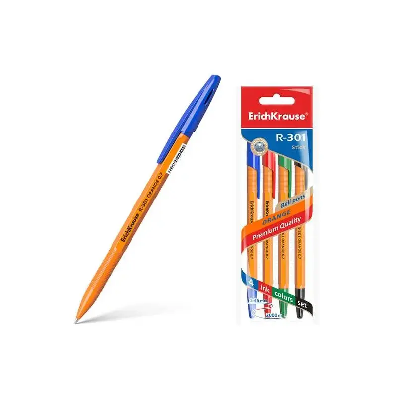 Erichkrause Pack de 4 Boligrafos R-301 Naranja Stick 0.7 - Cuerpo Hexagonal Opaco - Punta de 0.7mm - Tinta de Secado Rapido - Co