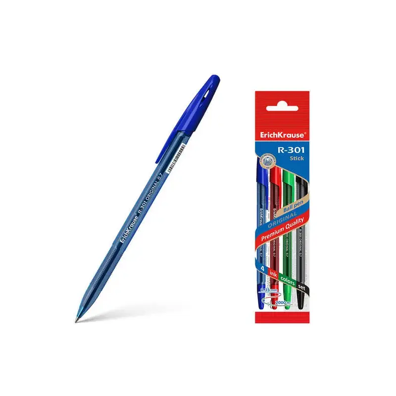 Erichkrause Pack de 4 Boligrafos R-301 Original Stick 07 - Punta de 07mm - Tinta de Secado Rapido - Cuerpo Hexagonal con Grip -