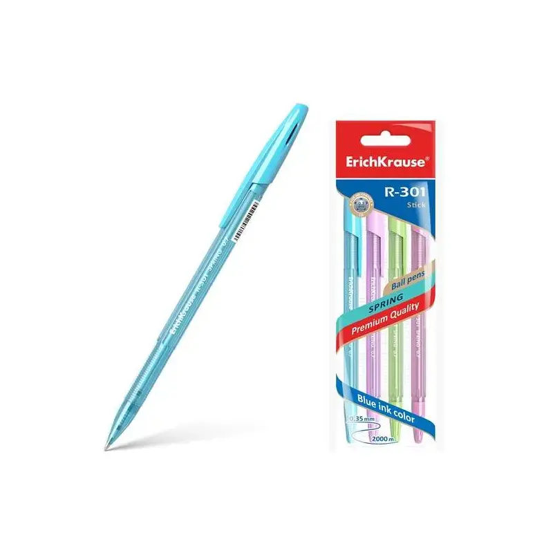 Erichkrause Pack de 4 Boligrafos R-301 Spring Stick 0.7 - Cuerpo Hexagonal Translucido - Tinta de Secado Rapido - Color Azul | A