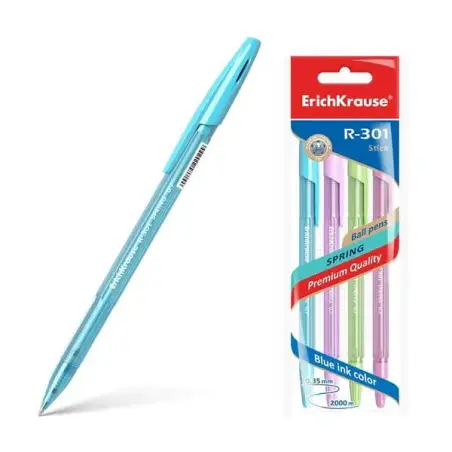 Erichkrause Pack de 4 Boligrafos R-301 Spring Stick 0.7 - Cuerpo Hexagonal Translucido - Tinta de Secado Rapido - Color Azul | A