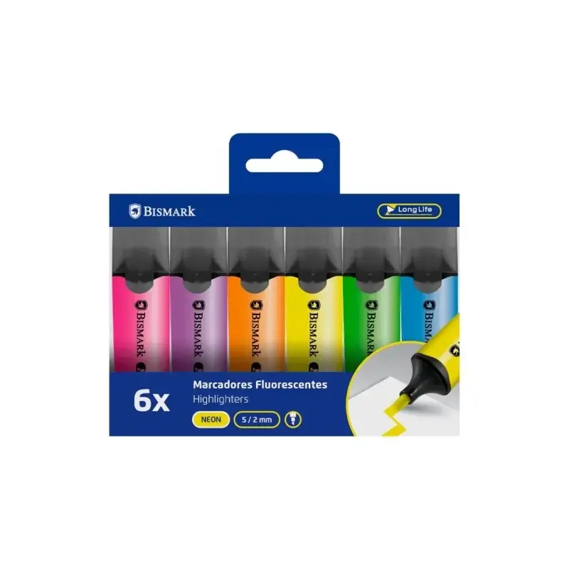 Bismark Pack de 6 Marcadores Fluorescentes - Punta Biselada 2 - 5mm Aprox - Tinta Base de Agua - Larga Duracion - Colores Neon S