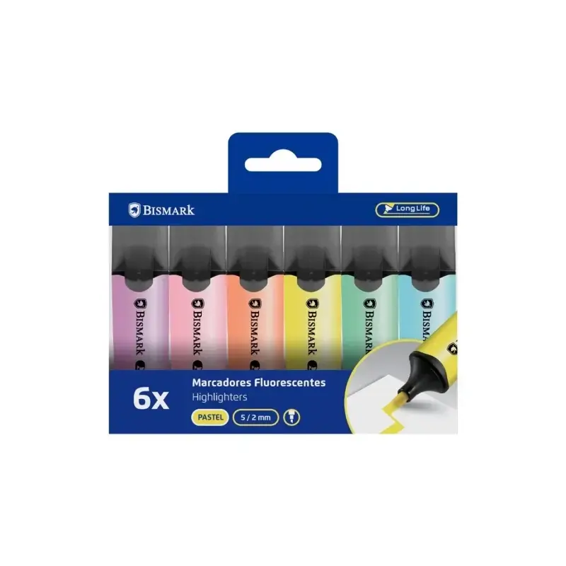 Bismark Long-Life Pack de 6 Marcadores Fluorescentes - Punta Biselada 2 - 5mm Aprox - Tinta Base de Agua - Larga Duracion - Colo