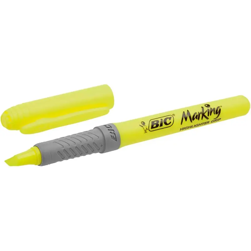 Bic Highlighter Grip Pack de 4 Marcadores Fluorescentes - Tinta con Base de Agua - Punta Biselada - Trazo entre 1.60 y 3.30mm -
