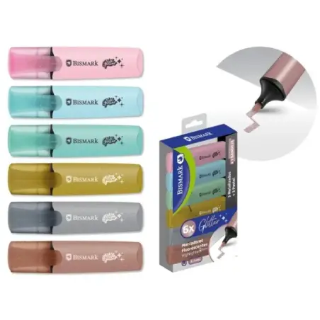 Bismark Pack de 6 Marcadores Fluorescentes Glitter - 3x Pastel y 3x Metalizados - Tinta de Secado Rapido - Punta Biselada - Idea