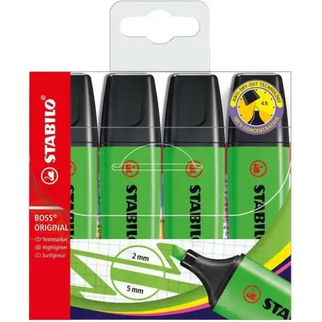 Stabilo Boss 70 Pack de 4 Marcadores Fluorescentes - Trazo entre 2 y 5mm - Recargable - Tinta con Base de Agua - Color Verde | A