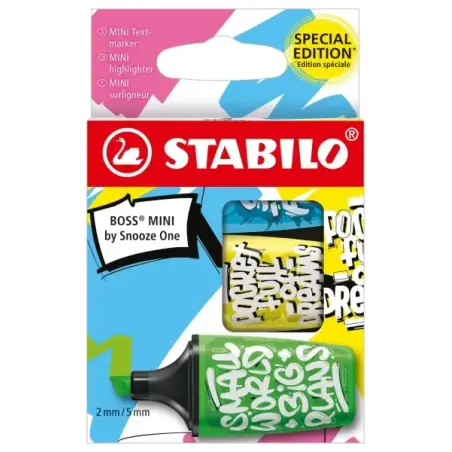 Stabilo Boss Mini by Snooze One Pack de 3 Mini Marcadores Fluorescentes - Trazo entre 2 y 5mm - Tinta con Base de Agua - Antisec