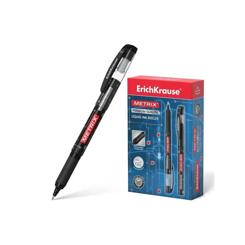 Erichkrause Metrix Boligrafo Tinta Gel - Punta 0.5mm - Agarre de Goma - Capuchon con Clip - Secado Rapido - Color Negro | Ahorro