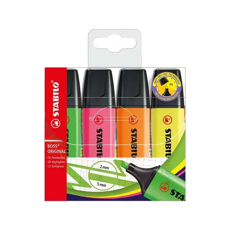 Stabilo Boss 70 Pack de 4 Marcadores Fluorescentes - Trazo entre 2 y 5mm - Recargable - Tinta con Base de Agua - Colores Surtido