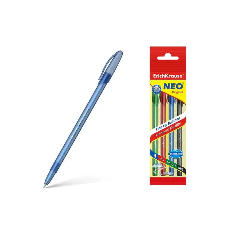 Erichkrause Pack de 4 Boligrafos Neo Original - Punta de Aguja Sofisticada Fine Tip - Cuerpo Redondo Translucido Mate - Tinta en